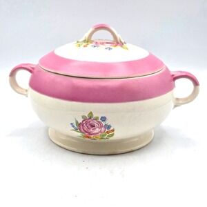 Large Vintage Shabby Chic Covered Casserole  Pink & Cream with Rose Unmarked